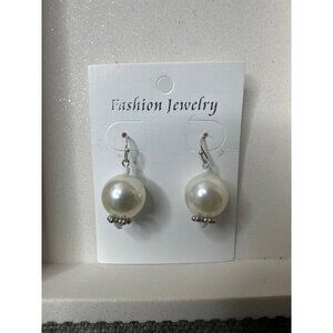 White Faux Pearl Drop Earrings With Silver Accents Womens Fashion Wedding Party